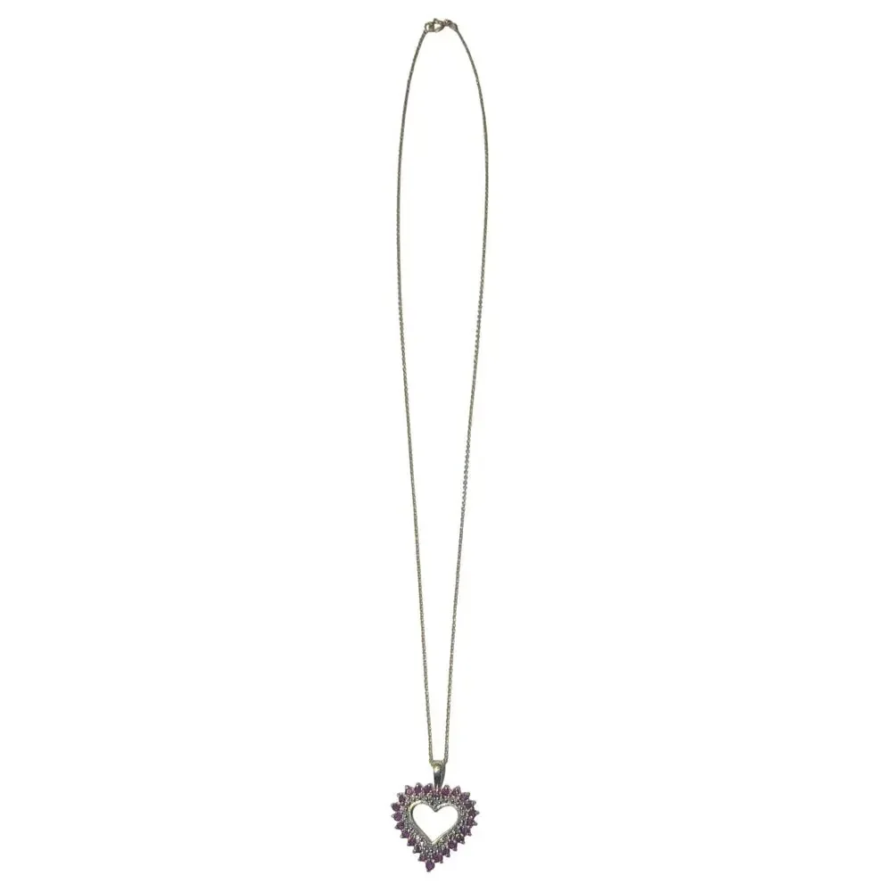 Sterling Silver 925 PAS Heart Pendant Necklace Red Stones Gold Tone 18 Inch